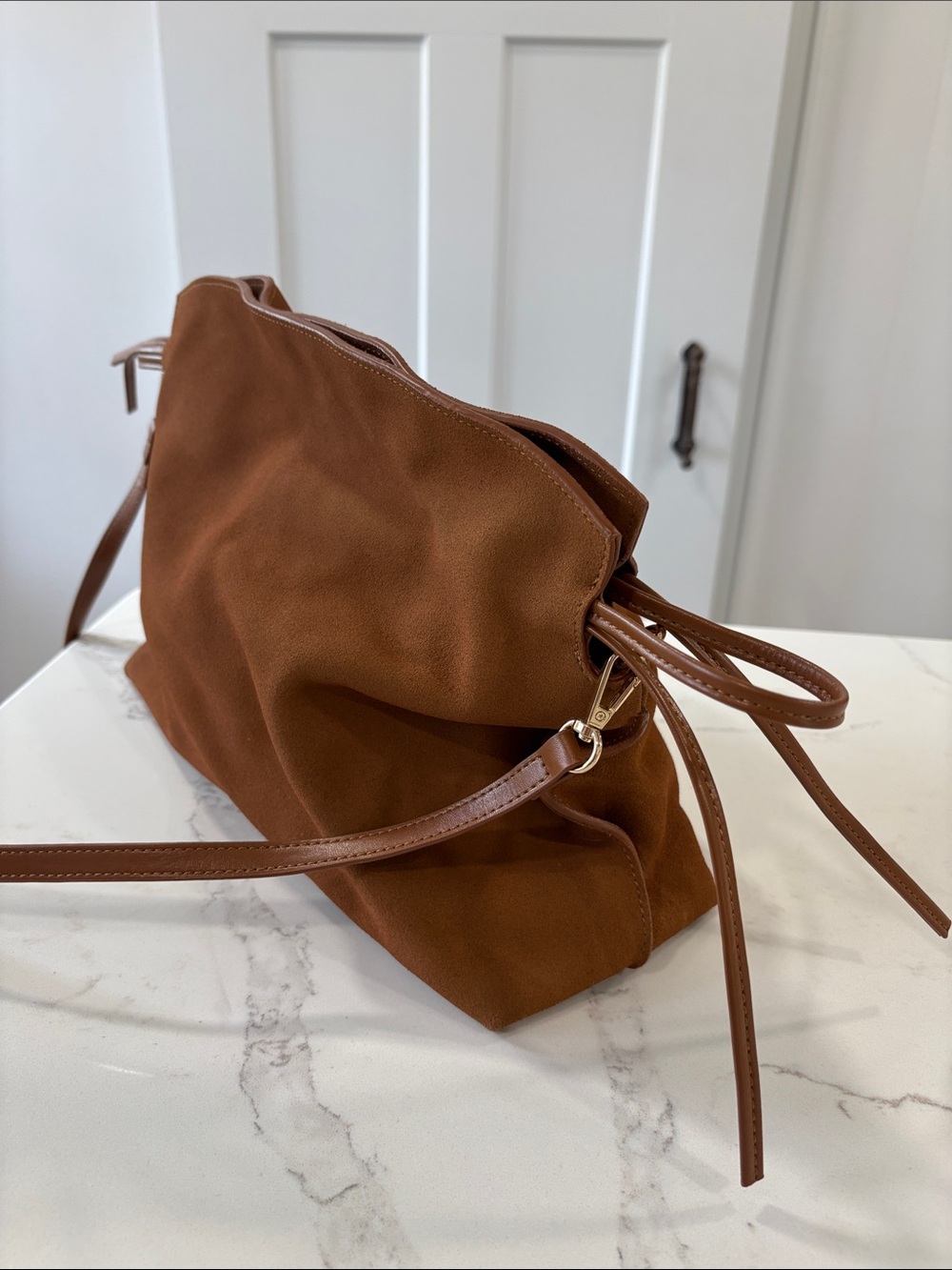 Ann Taylor Cognac Brown Suede Drawstring Shoulder Bag Purse - Picture 12 of 14